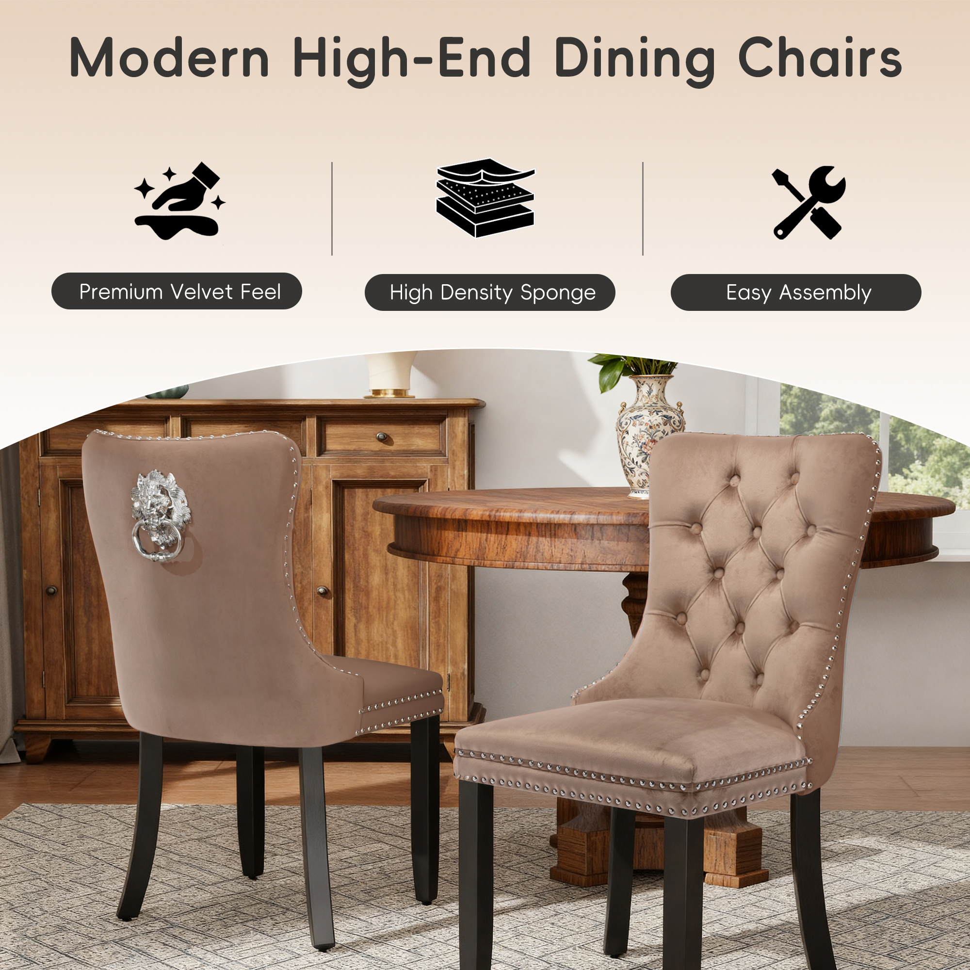DONICK Velvet Upholstered Dining Chair Set of 8,Modern Tufted Kitchen Chairs Nailhead Lion Pull Ring Black Wood Legs(khaki)