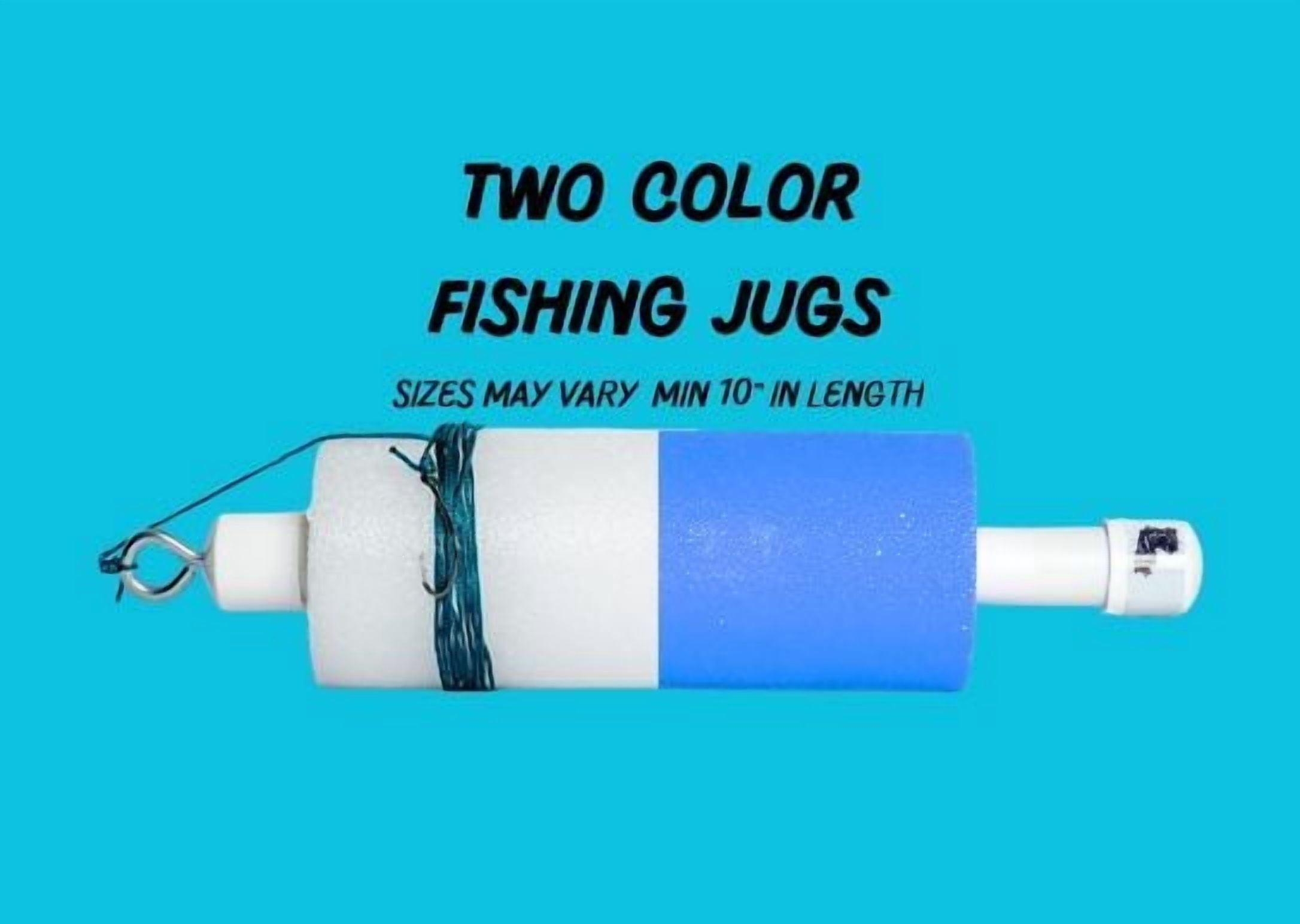 Doug's Jugs - 10 Pack Two Colored Fishing Jugs (Blue and White) 5ft line | Catfish Jugs | Catfish Noodles