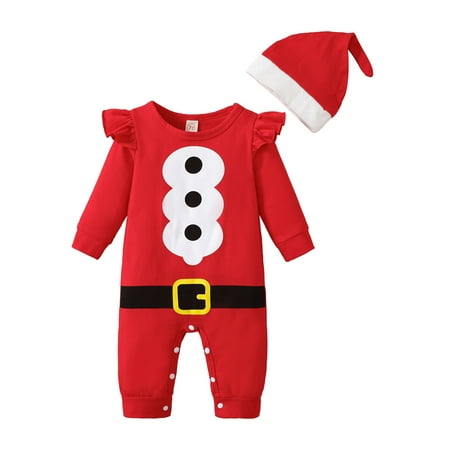 

COUTEXYI Baby Girl Boy Romper Long Sleeve Round Neck Print Loose Buttons Long Romper + Red Hat