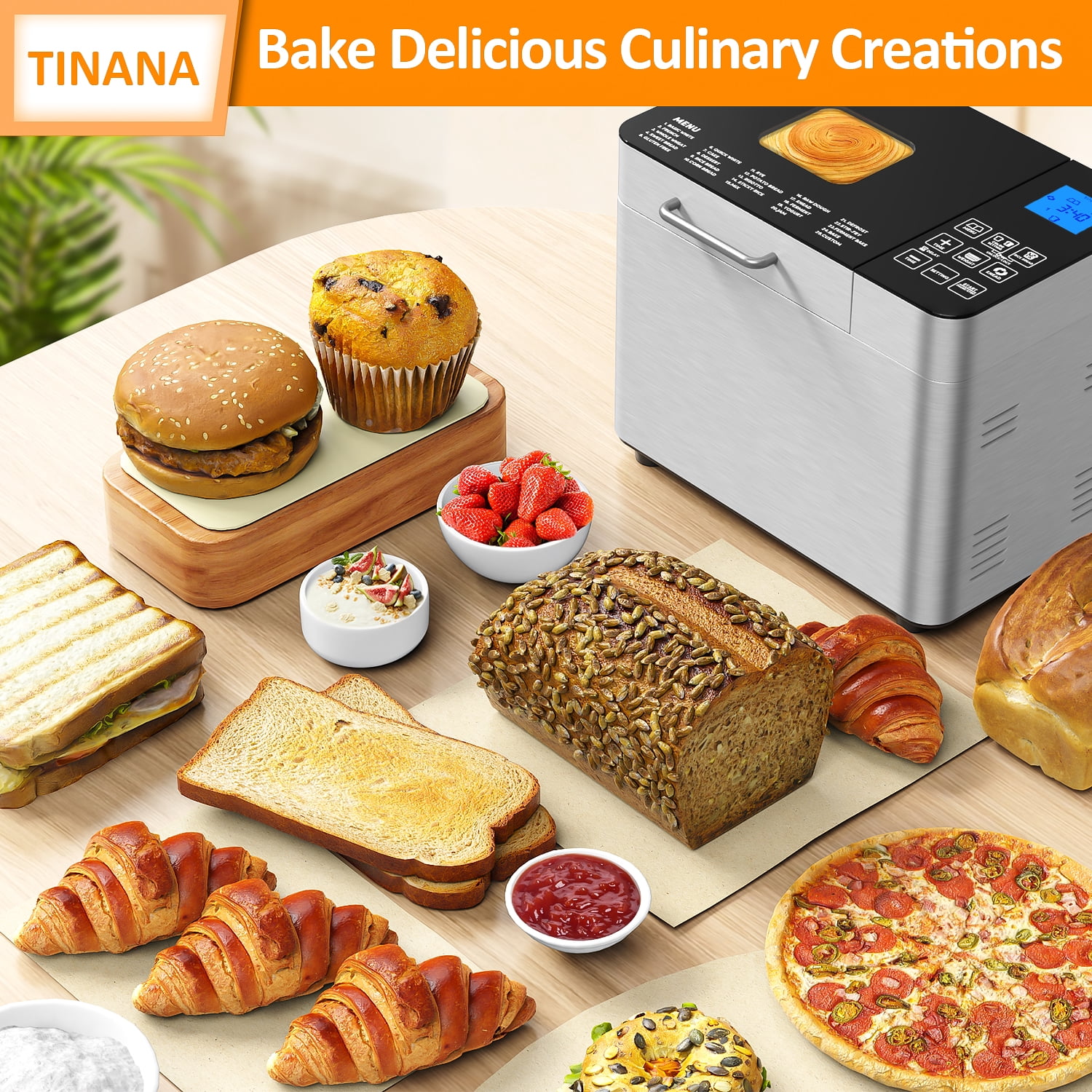 TINANA 25-in-1 Stainless Steel Bread Maker Machine, 2 LB Wheat Bread Making Machine with Recipes, Dough & Bread Machine with 15 H Timer & 1 H Keep Warm