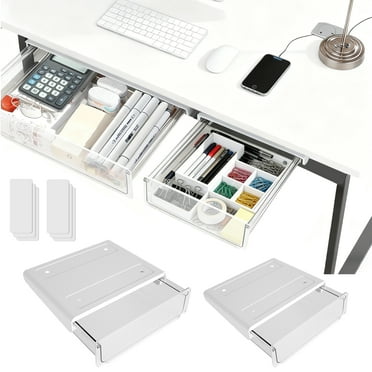 Yalumo 2 Pack Under Desk Drawer Organizer, Large & Small Slide Out Under Desk Storage Drawer Self-Adhesive Under Table Hidden Drawer for Office Home Dresser Stationery Kitchen (White)