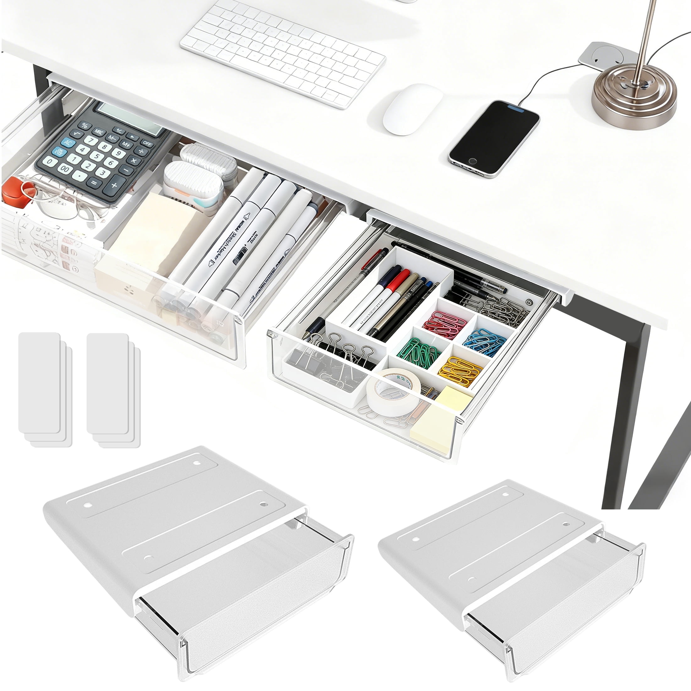 Yalumo 2 Pack Under Desk Drawer Organizer, Large & Small Slide Out Under Desk Storage Drawer Self-Adhesive Under Table Hidden Drawer for Office Home Dresser Stationery Kitchen (White)