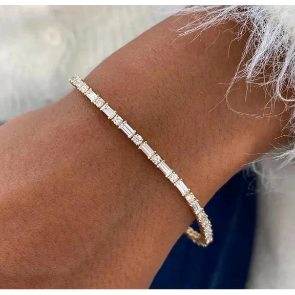 6TCW Baguette & Round Lab Created Diamond Tennis Bracelet 14K Yellow Gold Plated