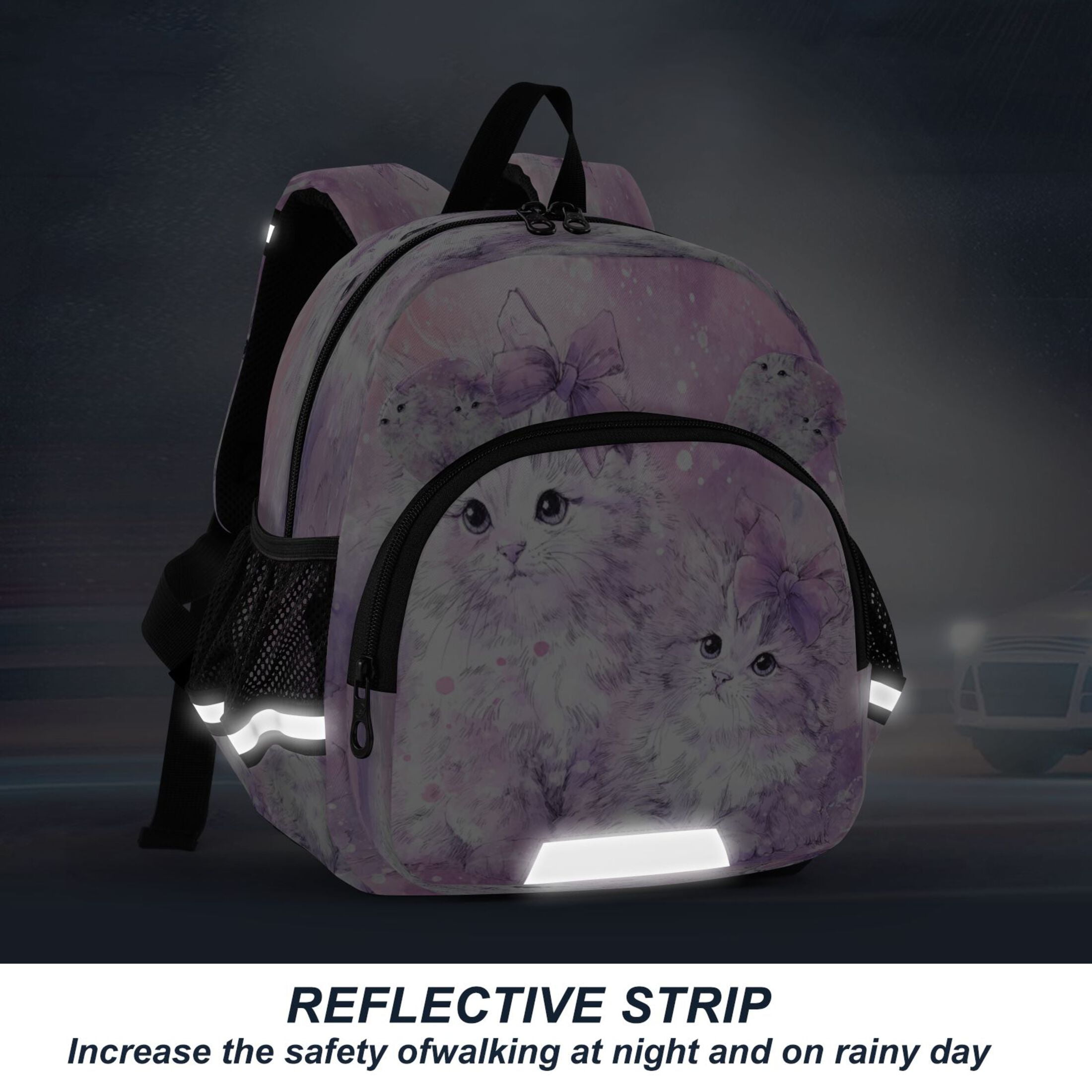 RMDQTR Adorable Ear-Print Backpack with Reflective Strip and Anti-Lost Leash Adjustable Shoulder Straps Mini Travel Backpack Adorable Long-haired Kittens with Bows
