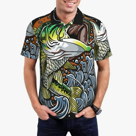 Uemuo fishing bass for Men’s Golf Shirt – Premium Pique Cotton Polo Soft & Breathable Casual Short Sleeve Shirt Comfortable Activewear for Sports & Leisure-Large