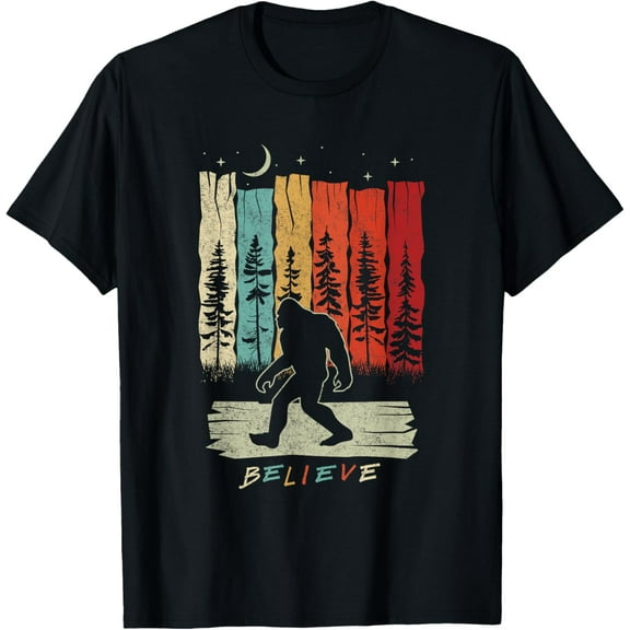 Bigfoot Night Moon Shirt Believe Sasquatch Retro Men Kids T-Shirt men and women can wear, black, white, gifts