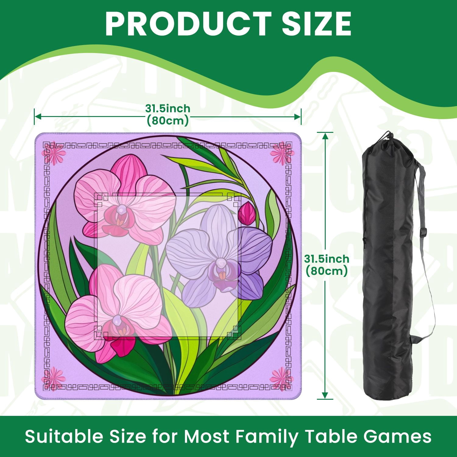 Mahjong Mat 31.5" x 31.5" Vibrant Orchids Pink Purple Greenery Non-Slip Noise Reduction American Mahjong Tiles Table Cover for Dominoes Poker Card Board Games Gift