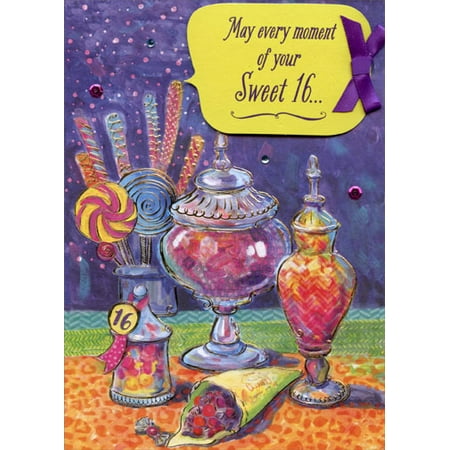 16 Candy Jars - Designer Greetings Sweet 16 Candy Jars with Gold Foil, Tip On Banner, Ribbon and Gems Handmade Birthday Card