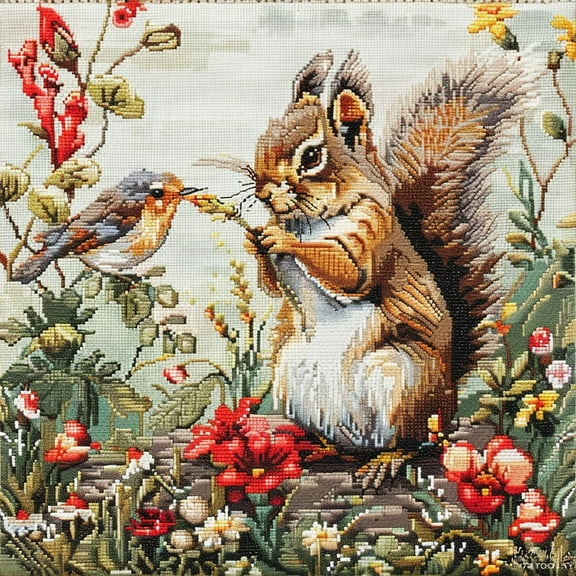 Cute Squirrel and Bird in Garden DIY 11CT Stamped Cross Stitch Kits for Beginners Easy Needlepoint Embroidery Counted Cross Stitch Art Craft for Wall Decoration 14x14inch(16)