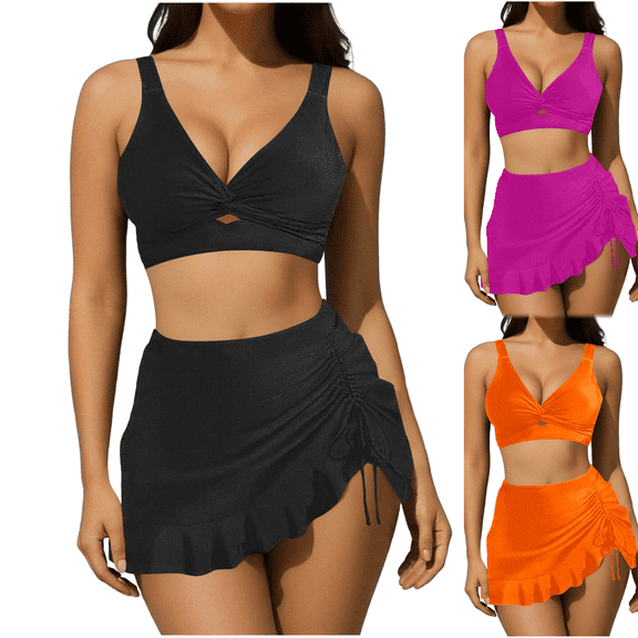 Paiwinds Women‘s High Waisted Bikini Set with Skirted Bottom V-Neck Drawstring Two Piece Swimsuit Modest Coverage for Beach Vacation