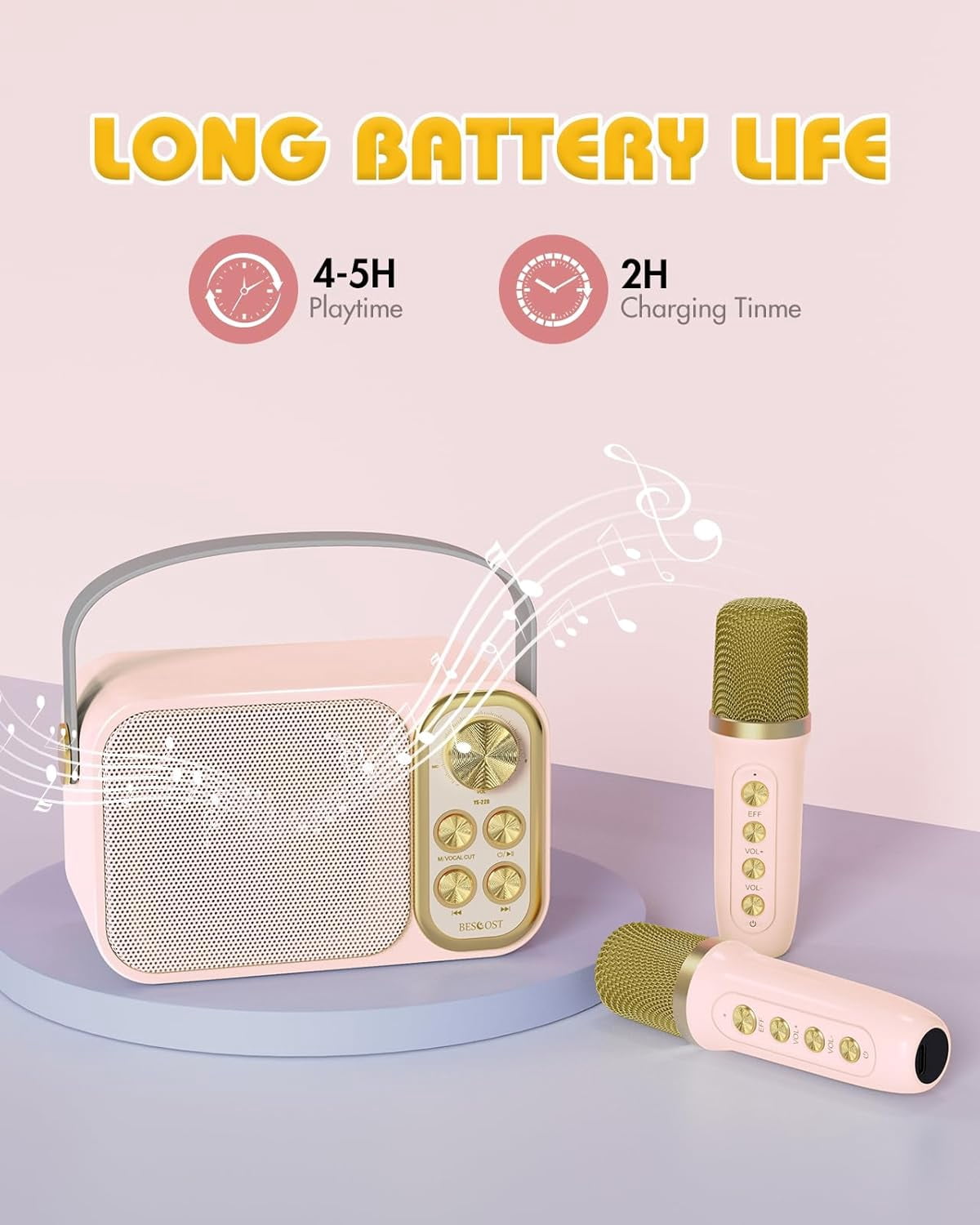 Mini Karaoke Machine for Kids Adults, Portable Bluetooth Speaker with 2 Wireless Microphones, Kids Karaoke Machine for Girls Boys, Toys Birthday Gifts for 4-12+ Years(Pink)