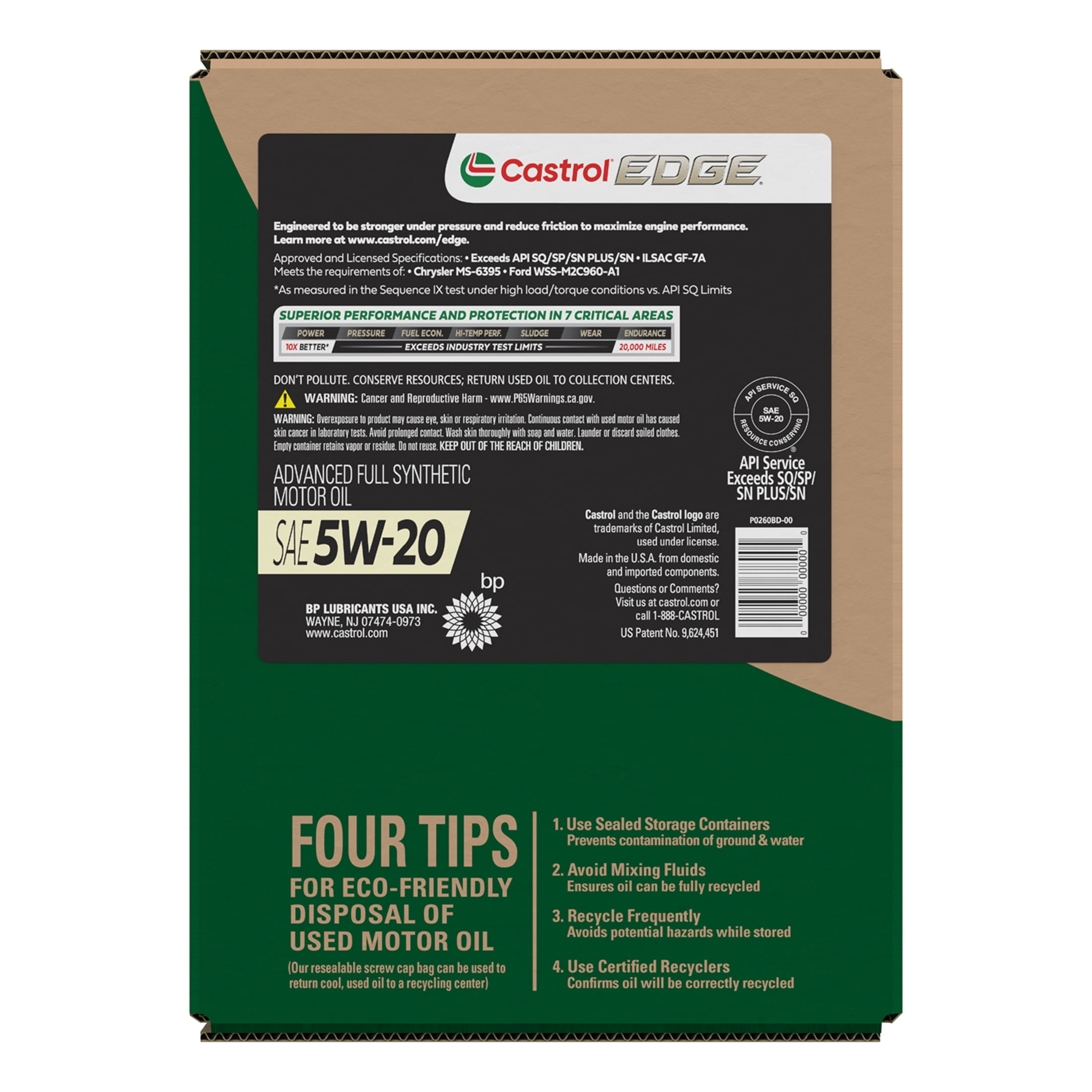 Castrol EDGE 5W-20 Advanced Full Synthetic Motor Oil, 5 Quarts Eco Pack