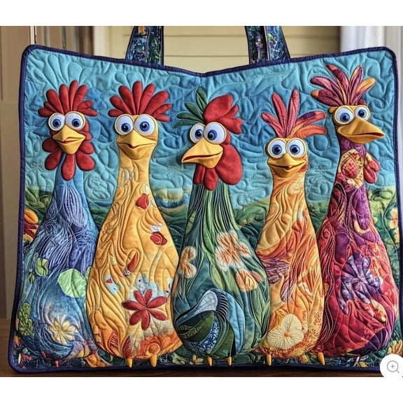 Quilted Chicken Tote Bag Large Patchwork Rooster Shoulder Bag Folk Art Handbag for Grocery Shopping Beach and Everyday Use