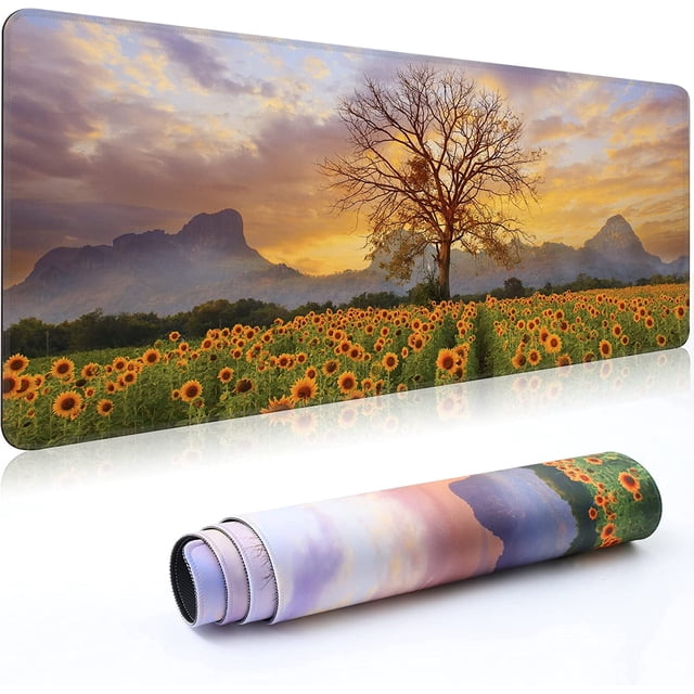 Desk Mat,Large Mouse Pad 35''''×15.6''''×0.12'''' XXL Extended Gaming Mouse Pad Mat with Non-Slip Base Stitched Eges Mousepad for Computer,Office,Keyboard and Laptop - Tree & Sunflowers