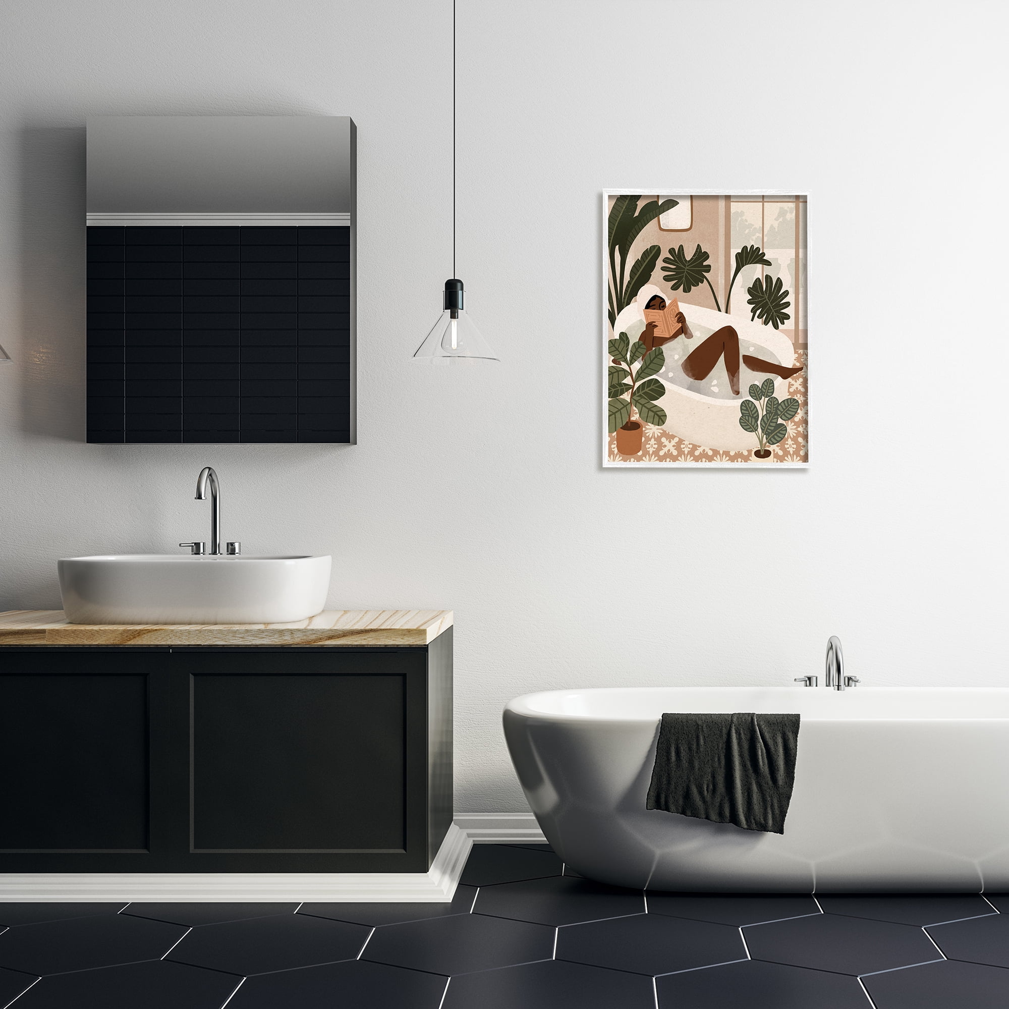 Stupell Industries Female Reading in Bath Tropical Palm Plants, 24 x 30,Design by Victoria Barnes