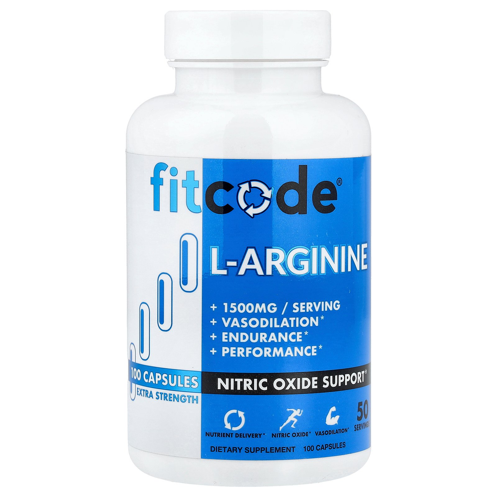fitcode L-Arginine, Extra Strength, 1,500 mg, 100 Capsules (750 mg per Capsule)