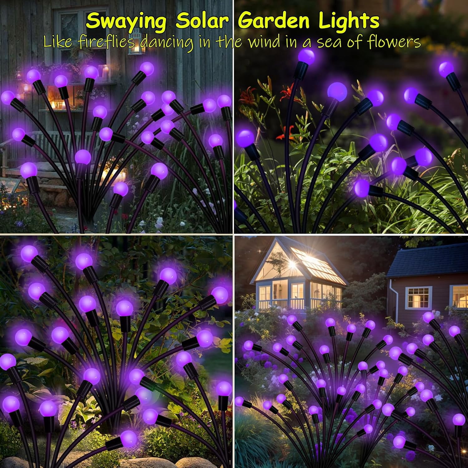 Solar Garden Lights Outdoor, 2 Pack 20 LED Solar Purple Firefly Lights Waterproof, Starburst Wind Swaying Light for Outside Yard Patio Planter Flower Bed Walkway Halloween Christmas Decoration