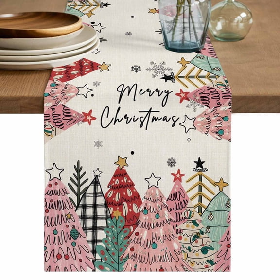 Christmas Tree Table Runner 72 Inches, Pink Xmas Tree Snowflake Rustic Bed Runner Dresser Scarves Tabletop for Indoor Outdoor Parties/Ceremony/Banquet, 13" x 72"