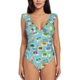 thumbnail image 2 of Yiaed World Travel1 Print Women's Ruffled One Piece Swimsuit V Neck Swimwear Slimming Monokini for Woman-Small, 2 of 8