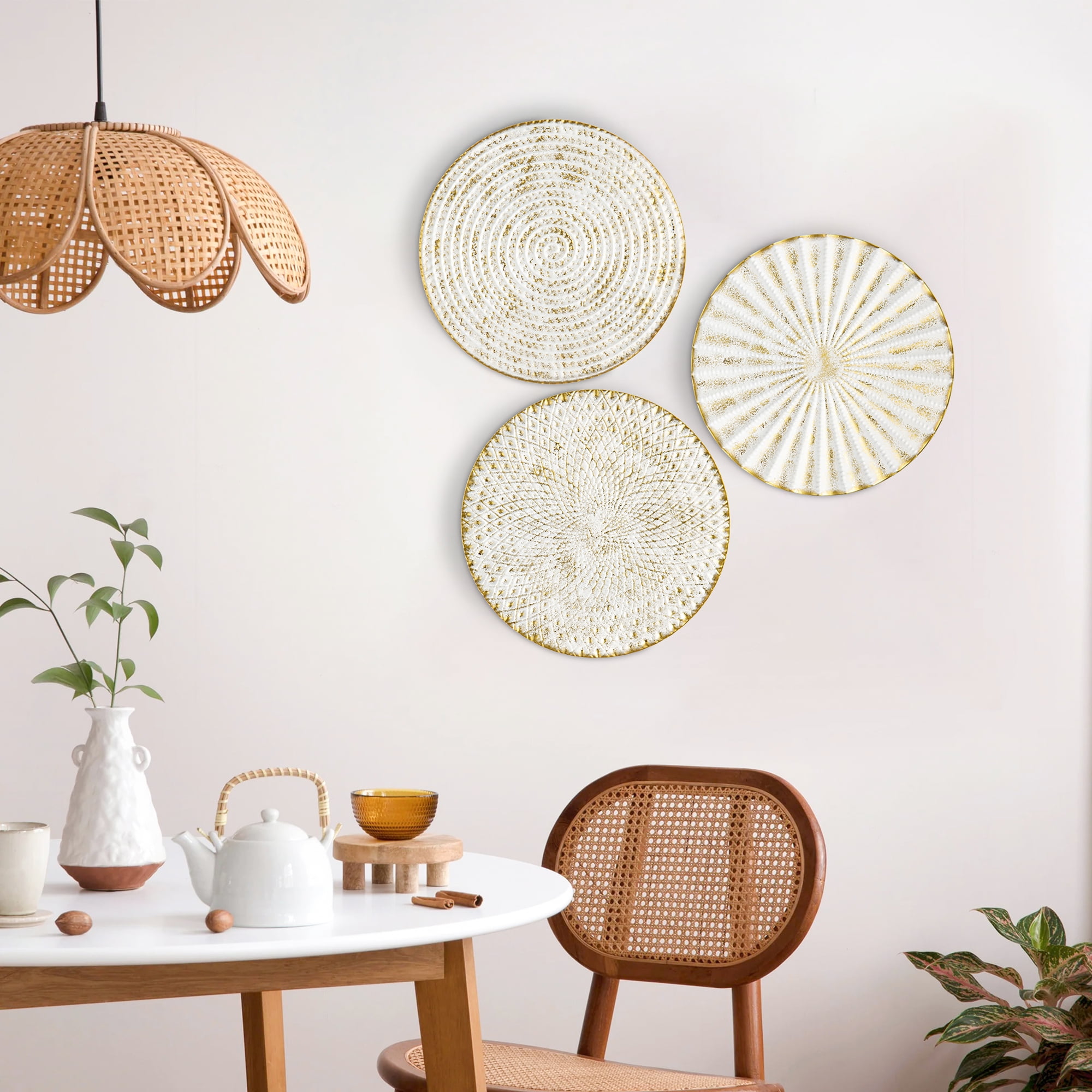 3Pcs 12" Gold Wall Decor Metal White Washed Starbursts Radial Plate Wall Art Modern Accent Hanging Wall Home Decorations