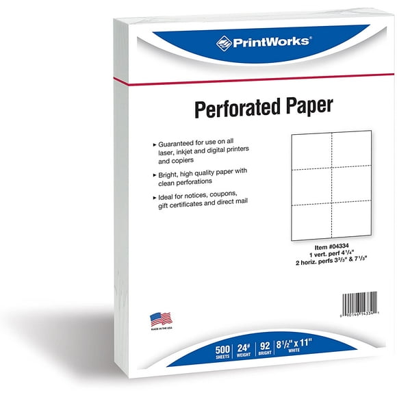 PrintWorks Papier Perforé Professionnel pour Billets, Coupons, Certificats et Plus, 8,5 x 11, 24 lb, 3 Perforations - 3 2/3"