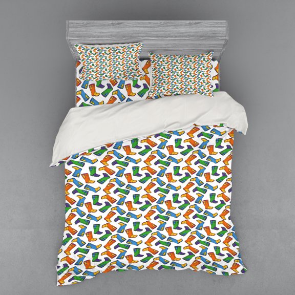 Ambesonne Cartoon Bedding Set 4 Pcs, Rain Boots Autumnal Art, Queen, Marigold Sky Blue