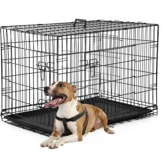 Folding 36" Dog Crate for Medium Dogs, Double Door Metal Wire Kennel with Removable Tray & Divider