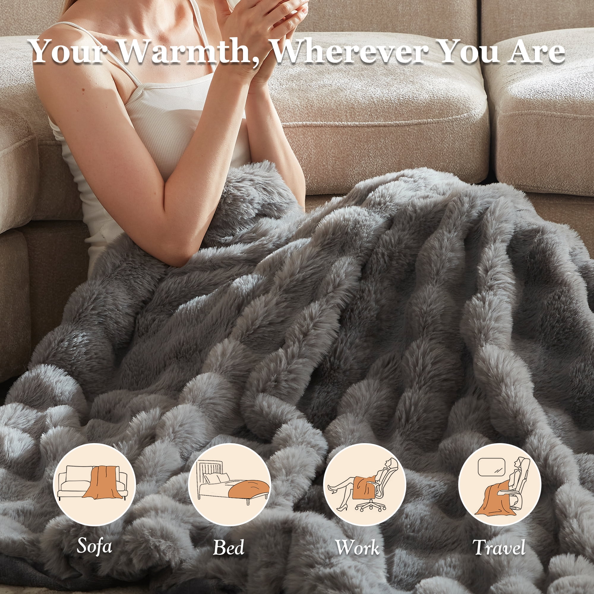 COZY@HOME Heated Blanket,Plush Thick Faux Fur Throw Size 50"x60", London Grey, 5-Min Fast Heating 6 Heating Levels & 4 Hours Auto-Off, Machine Washable