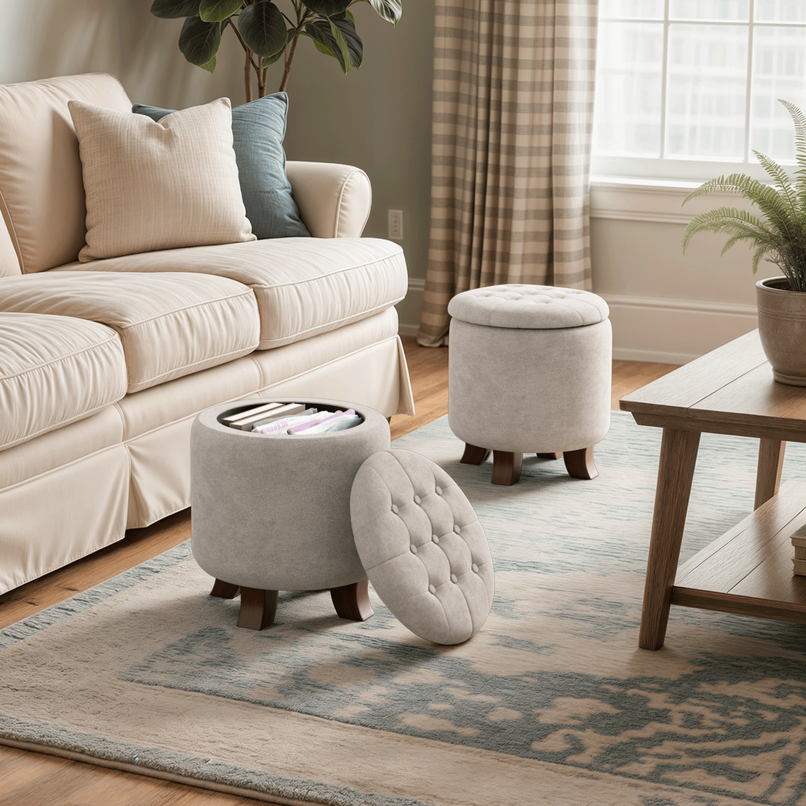 Magshion Storage Ottoman with Padded Seat, Modern Cotton-linen Footrest, Round Seat stool for Living Room Bedroom , Beige