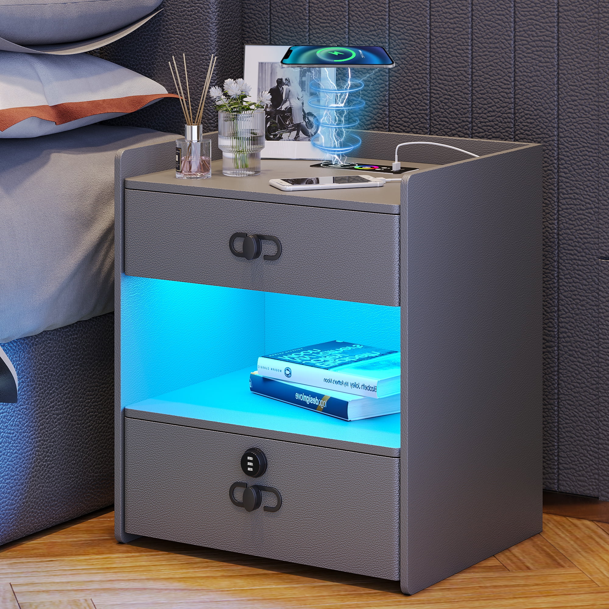HNEBC LED Nightstand with Charging Station Smart End Table Side Table