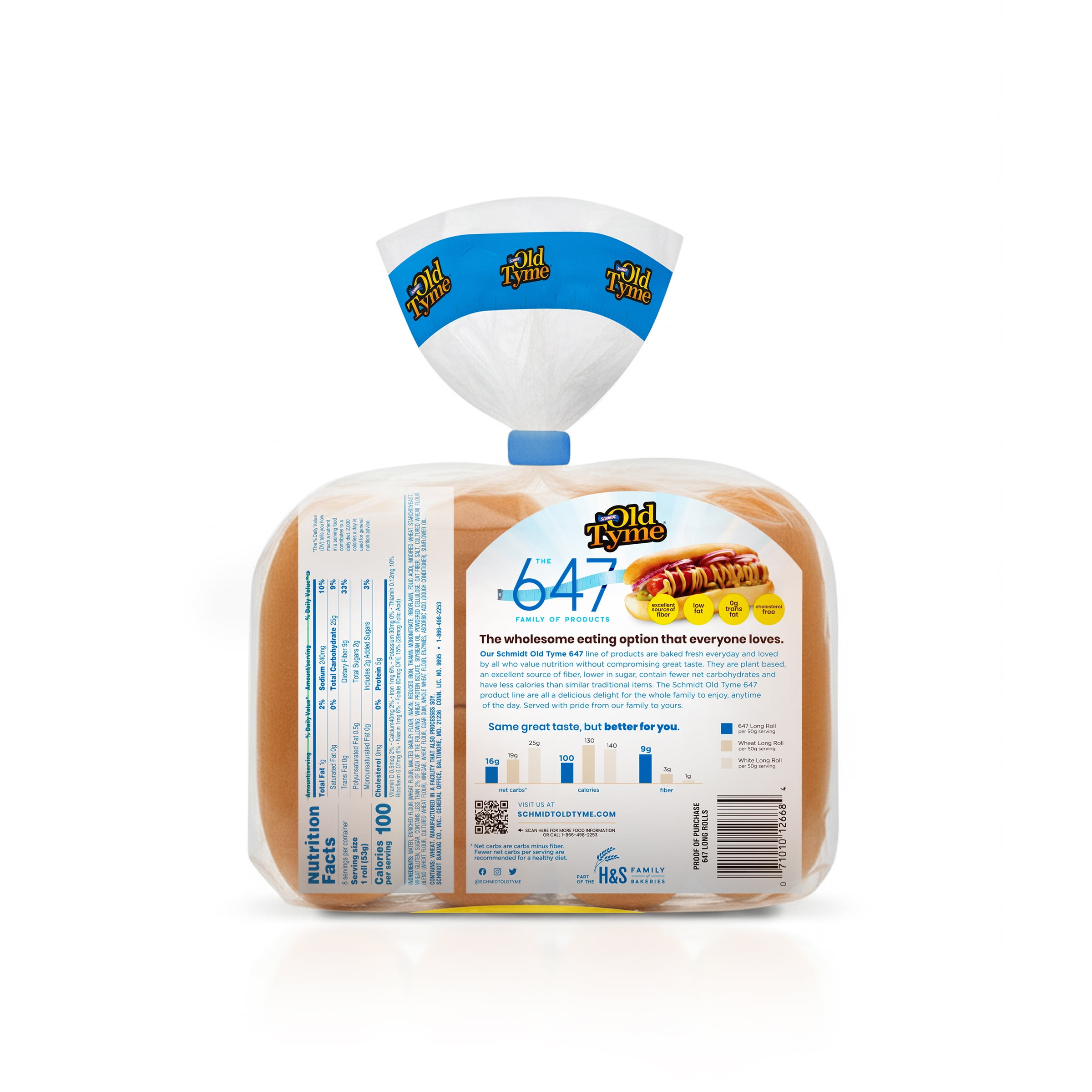 Schmidt Old Tyme 647 Long Rolls - Soft White Bread Rolls, 33% Fewer Calories, 9g Fiber, Smart & Healthy