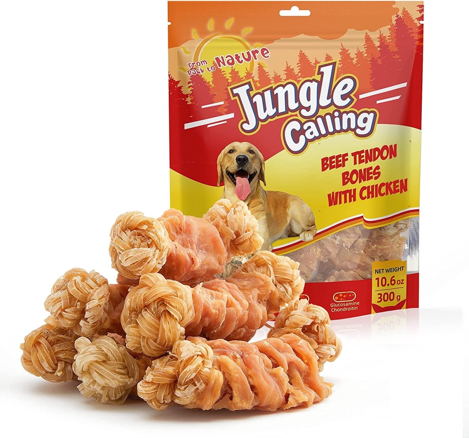 (5 pack) Jungle Calling Beef Tendons for Dogs, Chicken Wrapped Tendons Dog Chews Long Lasting Hip and Joint Supplement for Dogs with Glucosamine (Knotted Bone)