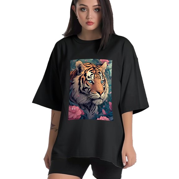 Plus Size Shirt for Women Black Tops for Women Short Sleeves Shirt for Women Tiger T Shirt Crewneck Shirt for Women XS