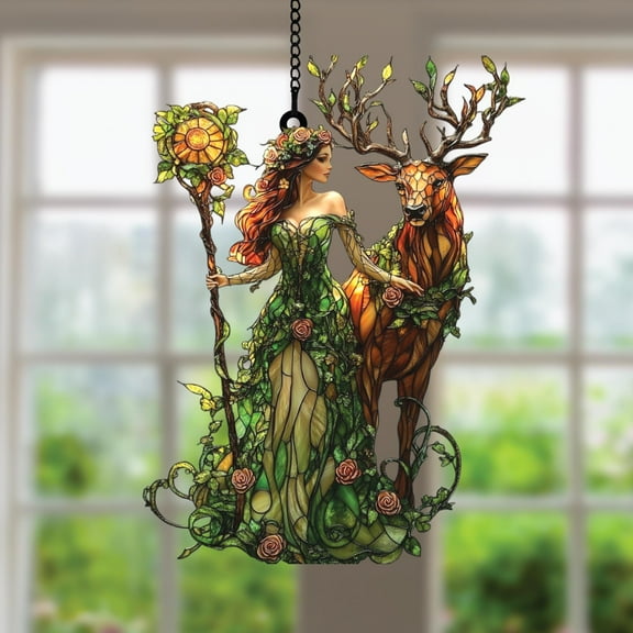 Enchanted Forest Deer and Fairy Faux Stained Glass Suncatcher, Acrylic Fairy Window Hanging for Fantasy and Nature-Inspired Home Decor