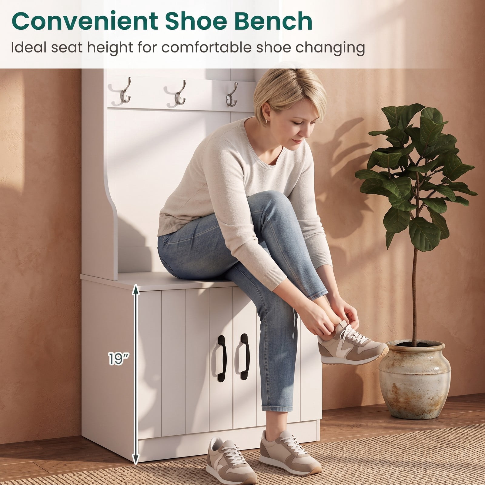 Furnibear 3 in 1 Hall Tree with Bench Shoe Cabinet and 4 Double Hooks 23.5 Inch Wide Mudroom Storage for Entryway, White