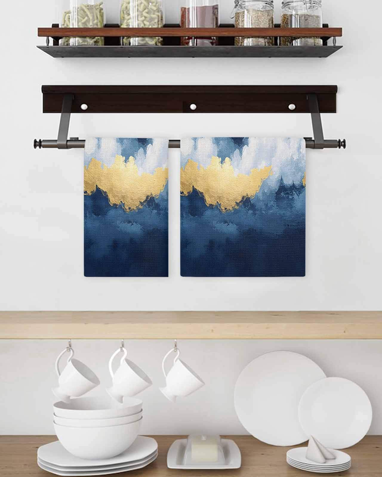 Navy Blue Kitchen Dish Towels for Drying Dishes Set of 3, Abstract Modern Oil Painting Art Waffle Weave Microfiber Hand Tea Bathroom Towels Quick Dry & Absorbent Towel 15.7x23.6