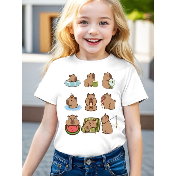 Camiseta de capibara con dibujos animados para niña, cómoda camiseta de manga corta con cuello redondo, ideal para el verano, ideal para el día a día.