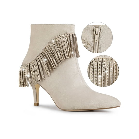 BLISSFUL STEP Women's Fringe Pointed Toe Stiletto Heel Ankle Boot Beige 10
