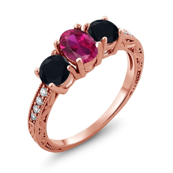 Gem Stone King 1.92 Ct Oval Red Created Ruby Black Onyx 18K Rose Gold Plated Silver Moissanite Ring (Size 8)