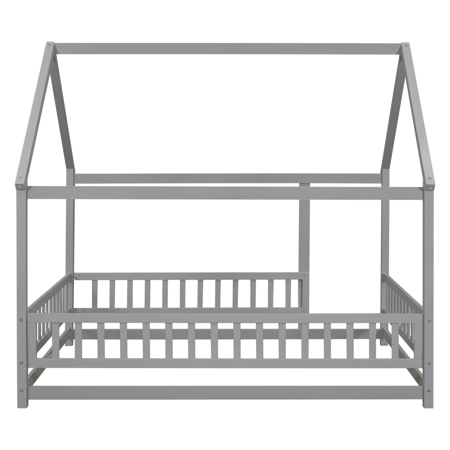 Full Size Floor Bed Frame with Roof for Kids, Wooden Montessori Bed with Fence Guardrails, Low Platform Playhouse Bed for Boys and Girls, No Slats Included, Gray