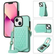Dteck Crossbody Strap for Apple iPhone 13 Case for Women, Shockproof Leather Wallet with Card Holder Slots Protective Hidden Mirror Case Adjustable Lanyard, Green