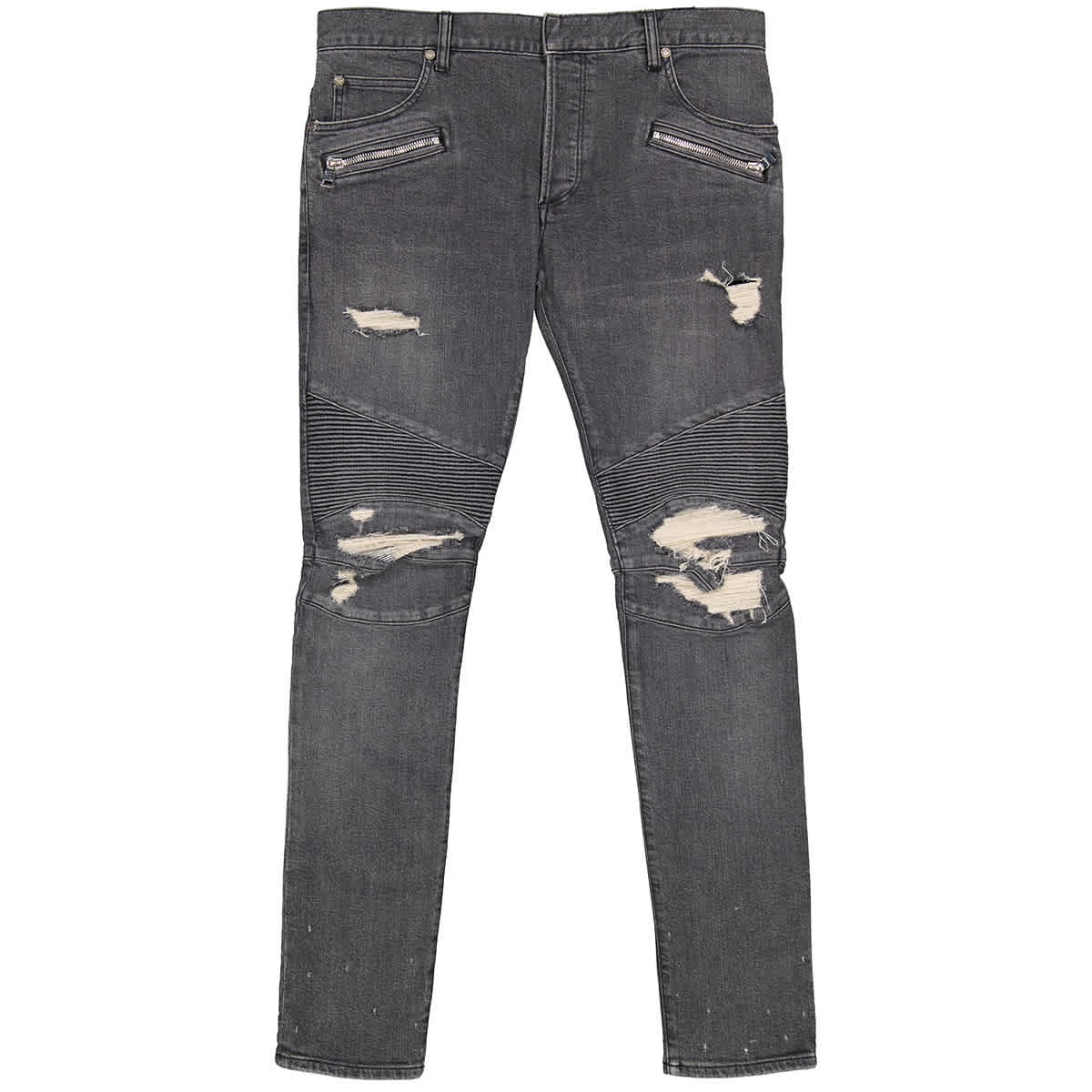 Balmain Men's Biker Ripped Skinny Jeans, Waist Size 32 in Grey
