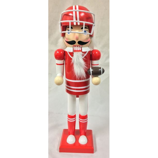 Red American Football Player Sports Wooden Christmas Nutcracker 14 Inch