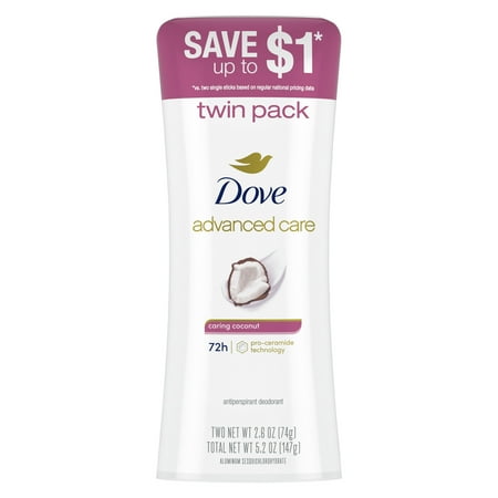 Dove Advanced Care Antiperspirant Deodorant Stick Caring Coconut, 2.6 oz Twin Pack