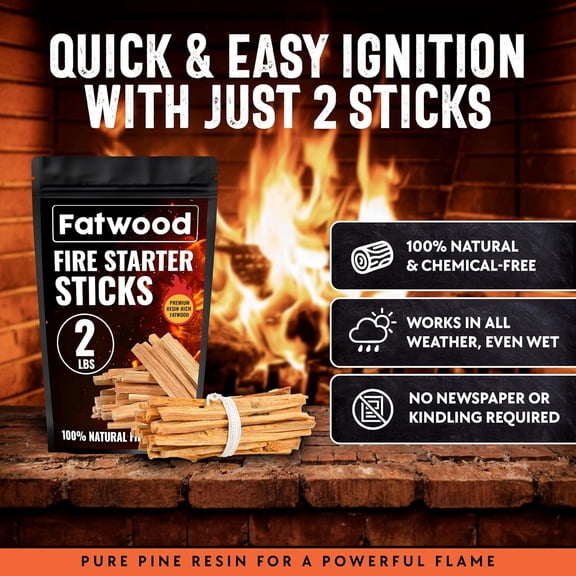 2lb Fatwood Fire Starter Sticks | 100% Natural Fire Starters for Campfires, Firepit, Wood Stoves, Fireplaces, BBQ | Start a Fire w/Just 2 Sticks | Camping Essentials by Billy Buckskin (2lb Bag)