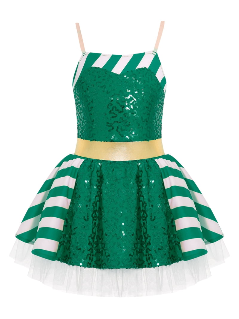 YEAHDOR Kids Girls Christmas Dress up Candy Cane Costume Sparkle Sequins  Camis Dress Stripes Ballet Skirted Leotard Green 8 - Walmart.com