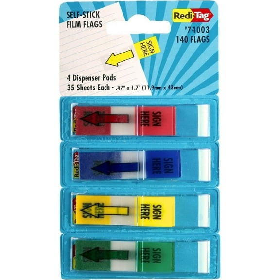Redi-Tag Sign Here Printed Pop-Up Page Flags, 4 Dispensers per Pack, 35 Flags per Dispenser, 0.5 x 1.7 Inches, Multicolored, 1-Pack 74003