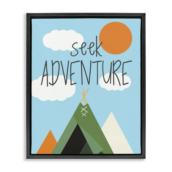 Stupell Industries Seek Adventure with Tent Text & Numbers Painting Black Floater Framed Canvas Art Print Wall Art, 17 x 21