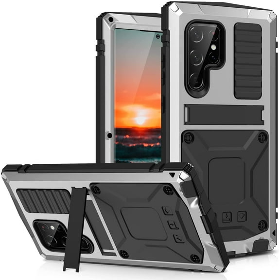 for Samsung Galaxy S22 Ultra 5G Case with Kickstand, Military Heavy Duty Sturdy Shockproof Aluminum Metal Protective Case-Silver