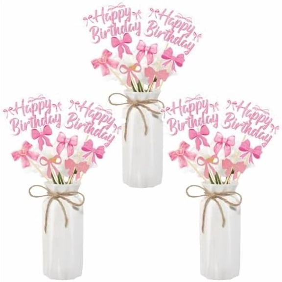 Pink Bow Birthday Decorations - 24PCS Pink Bow Decor Centerpieces for Tables Bow Themed Party Decorations Table Centerpieces Sticks Toppers for Girls Women Bridal Shower Party Supplies